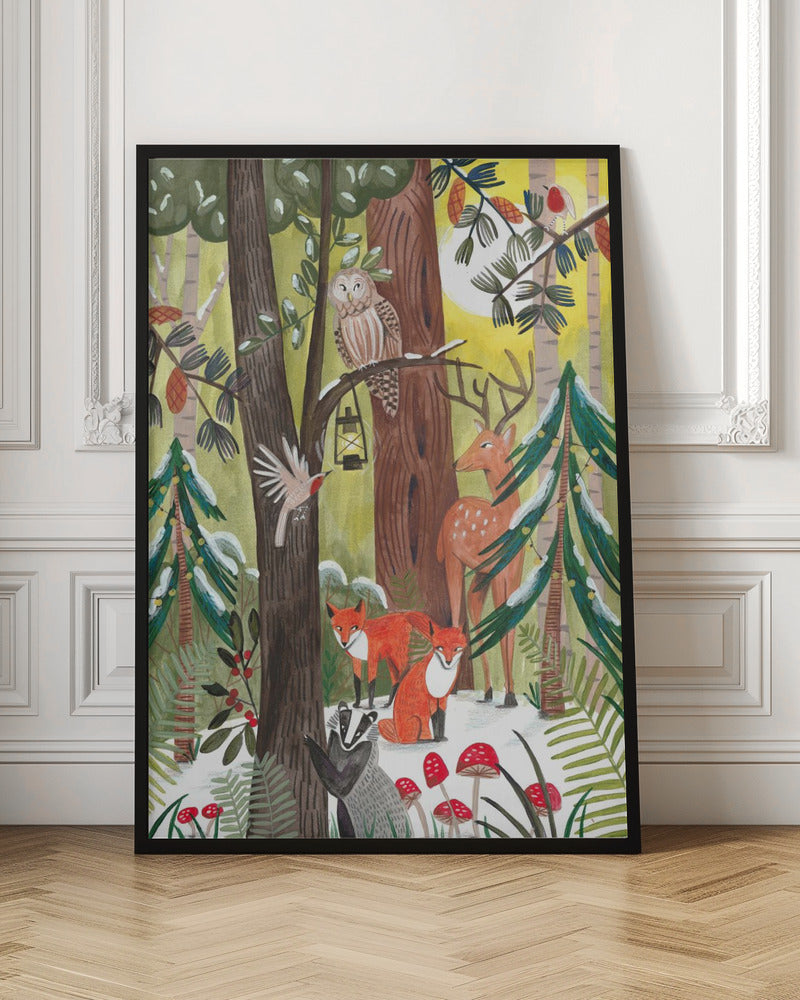 Green Christmas forest with animals - Poster / Art Print