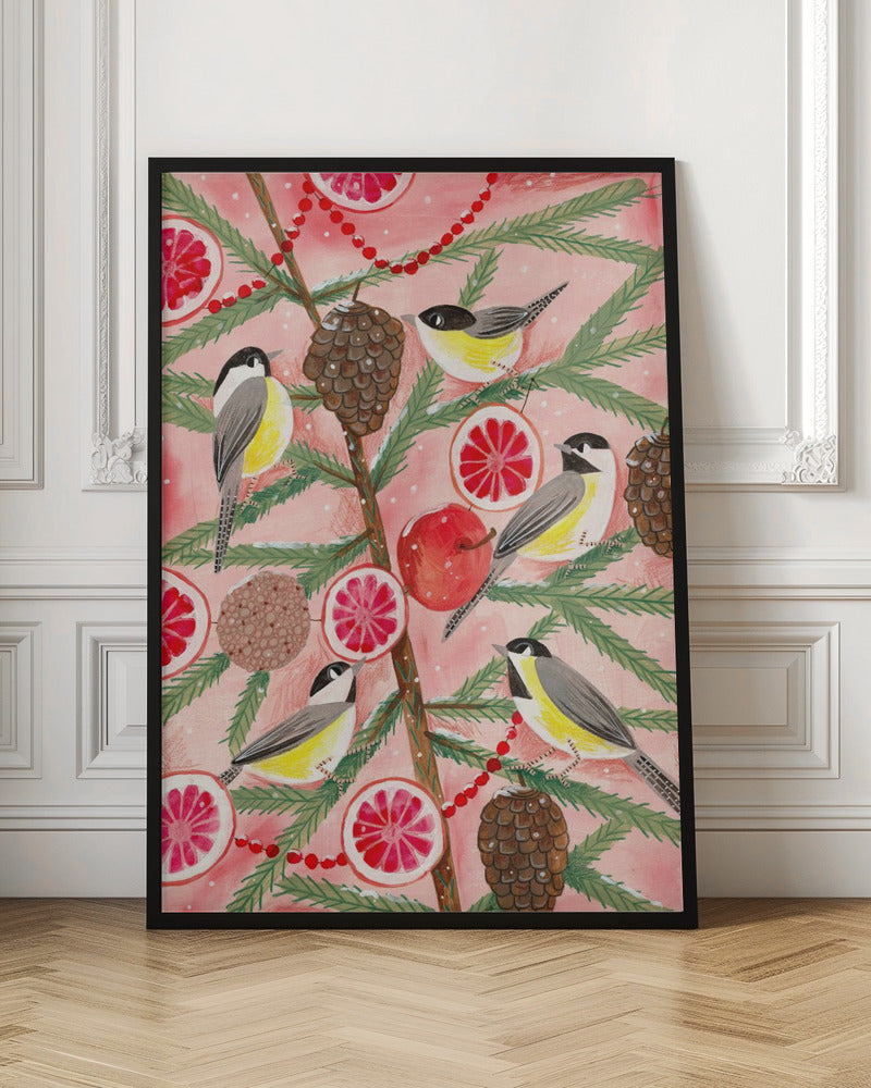 Winter birds Tits in the pine tree at Christmas - Poster / Art Print