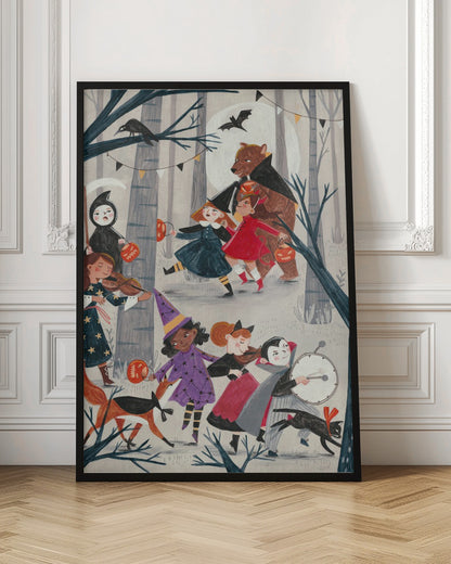 A whimsical, illustrated nighttime scene of a Halloween parade through a forest. A group of children and animals in costumes, including a witch, a vampire, the grim reaper, and a large bear dressed as Dracula, march and play instruments like violins and a drum. They carry jack-o'-lantern buckets under a full moon with bats and a crow nearby. Decor