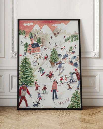 A whimsical watercolor illustration of a busy ski resort on a snowy mountain. People of all ages are skiing, snowboarding, sledding, and building a snowman, surrounded by decorated pine trees, a village with a church, deer, and dogs under a pink, snowy sky. Print
