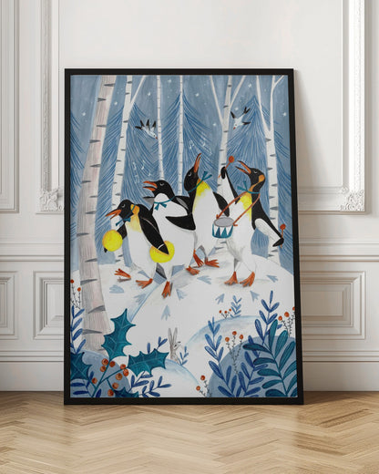 A whimsical painting of four penguins joyfully parading and playing music in a snowy winter forest. One penguin plays a drum, another shakes maracas, and two others sing, surrounded by birch trees, holly, and a small rabbit. Decor