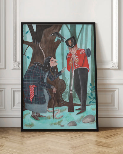 A stylized illustration of a fairytale scene in a forest, where an old woman with a long nose, wearing a dark plaid coat and headscarf, speaks to a soldier in a bright red uniform. The soldier leans on his rifle, listening, while a crow watches from a large tree behind them, from which a noose also hangs. Poster