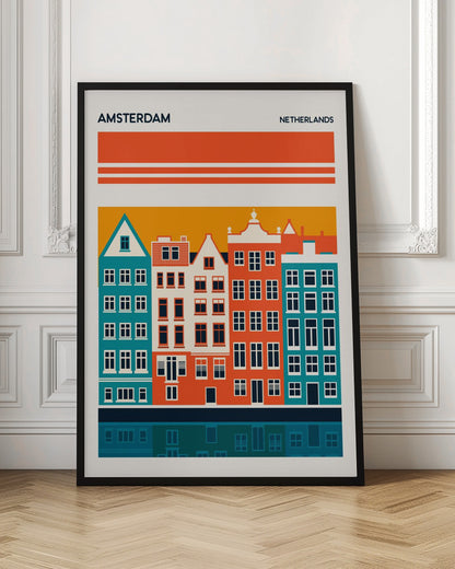 A minimalist travel poster for Amsterdam, Netherlands, featuring a stylized illustration of colorful canal houses in orange, teal, and off-white. The buildings are set against an orange sky and reflected in a dark blue canal below, with the text 'AMSTERDAM' and 'NETHERLANDS' at the top. Decor