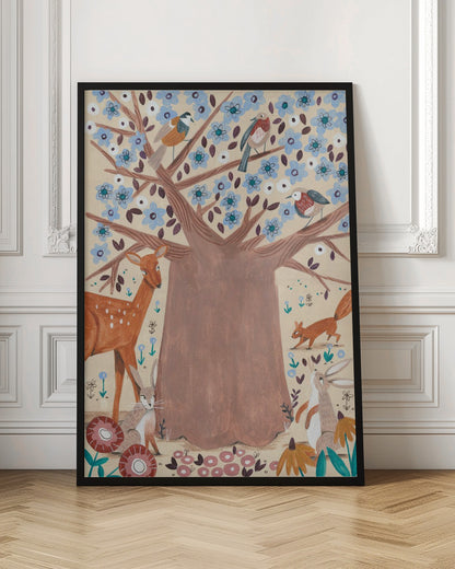A whimsical folk art style illustration of a large brown tree with light blue blossoms. Various woodland creatures, including a deer, a squirrel, two rabbits, and three birds, are gathered around and in the tree against a cream-colored background. Artwork