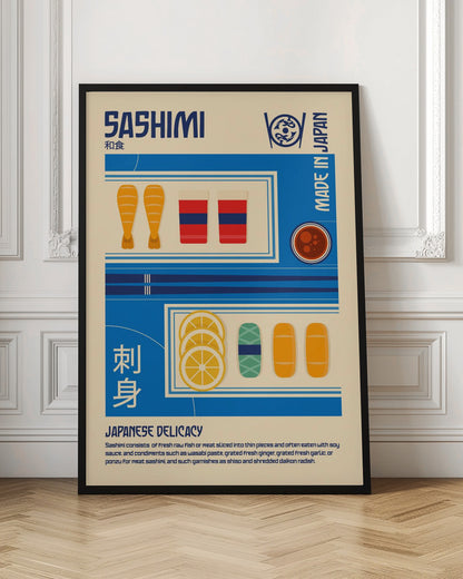 A vintage-style illustrated poster about Sashimi. The poster has a cream background with blue graphic blocks and text. It features illustrations of shrimp, fish slices, lemon, and soy sauce, along with the words 'SASHIMI', 'JAPANESE DELICACY', and 'MADE IN JAPAN'. Decor