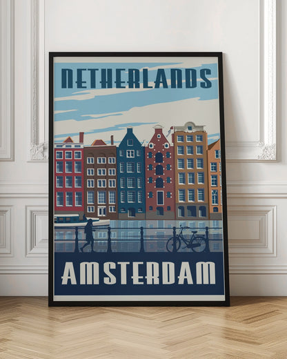 A vintage-style travel poster for Amsterdam, Netherlands. It depicts a row of colorful Dutch canal houses reflected in the water. In the foreground, there are silhouettes of a person walking and a bicycle leaning against a railing. The text 'NETHERLANDS' is at the top and 'AMSTERDAM' is at the bottom in a bold, stylized font. Print