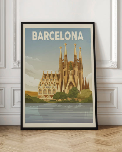 A vintage-style travel poster for Barcelona. The poster features a graphic illustration of the Sagrada Família church reflected in water in the foreground, with 'BARCELONA' written in bold white letters across the top against a blue sky. Poster