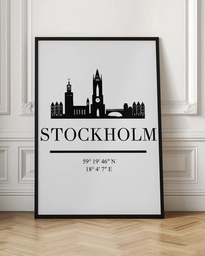 A minimalist black and white framed poster featuring a silhouette of the Stockholm skyline. Below the skyline, the word 'STOCKHOLM' is printed in large, bold letters, followed by its geographical coordinates. Wall Art