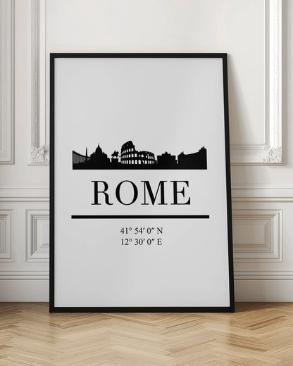 A minimalist black and white framed poster of Rome. It features a black silhouette of the city skyline, including the Colosseum, against a white background. Below the skyline is the word 'ROME' in a large serif font, followed by the city's geographical coordinates. Poster
