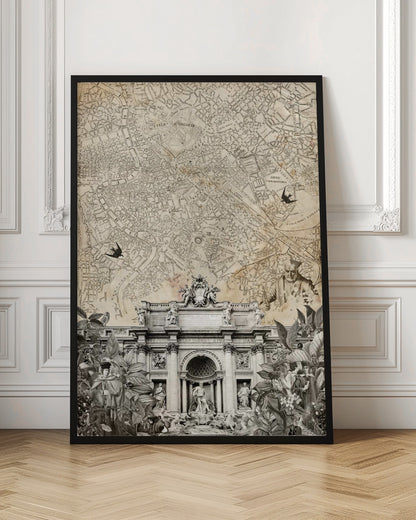 A vintage-style collage with a sepia map of Rome as the background. At the bottom is a detailed black and white illustration of the Trevi Fountain, surrounded by cutouts of foliage and historical figures. Two black birds are shown flying over the map. Decor