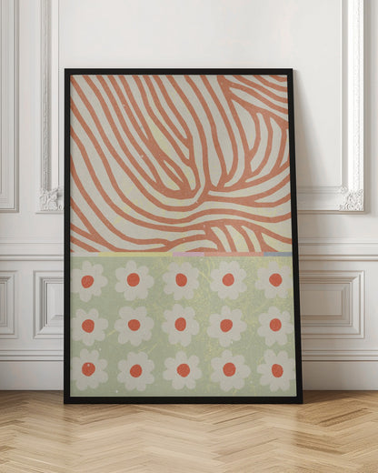 A modern abstract artwork with a split design. The top section features wavy, organic orange lines on a cream background, resembling wood grain. The bottom section is a pattern of simple white and orange flowers on a sage green background. Poster