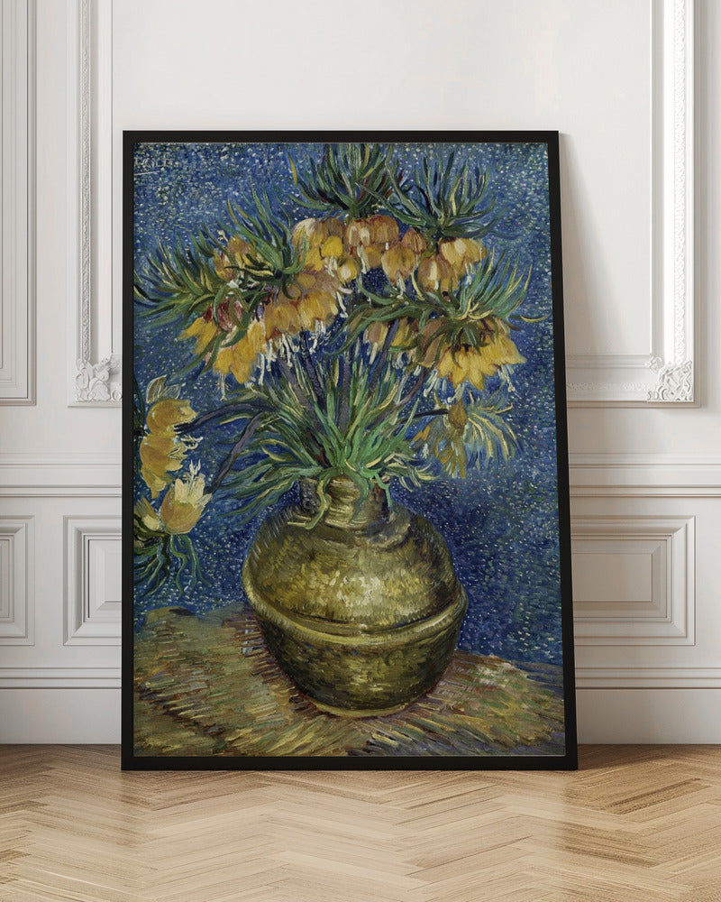 A post-impressionist still life painting by Vincent van Gogh featuring a bouquet of yellow Imperial Fritillaries with green leaves in a round copper vase against a vibrant, textured blue background. Artwork