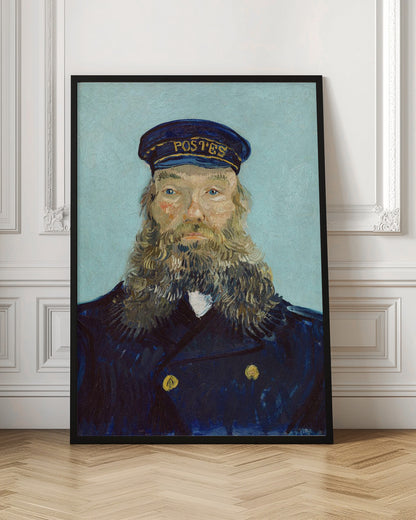 A post-impressionist portrait painting of a man with a long, thick beard wearing a dark blue postman's uniform and cap against a solid light blue background. The painting, by Vincent van Gogh, is characterized by its bold colors and visible brushstrokes. Decor