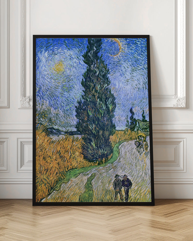 A framed print of Vincent van Gogh's painting 'Wheat Field with Cypresses.' The artwork features a towering, dark green cypress tree at the center, a golden yellow wheat field on the left, and a winding path with two figures and a horse-drawn cart. The sky is a dramatic swirl of blues, with a bright yellow sun and a crescent moon. Artwork