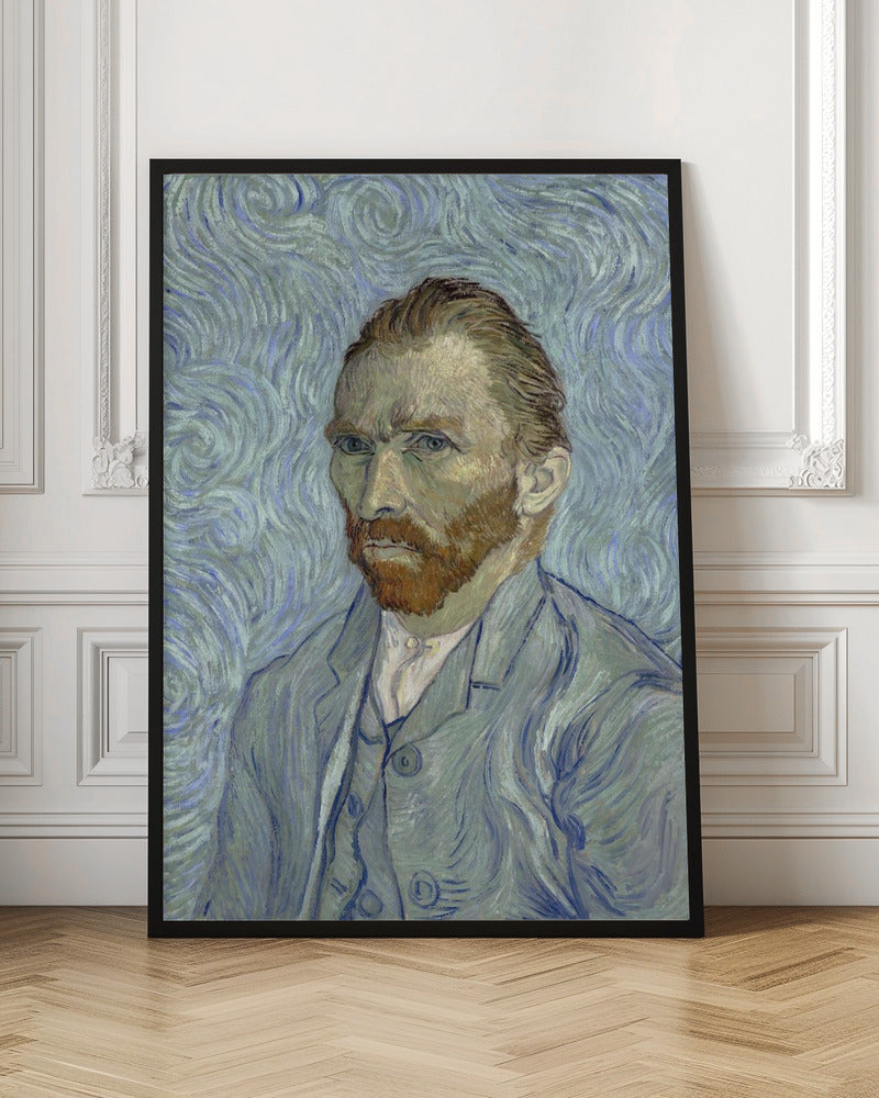 A framed post-impressionist self-portrait by Vincent van Gogh. He is depicted with a stern gaze, reddish hair and beard, and wearing a blue suit against a swirling light blue and white background, all rendered with thick, expressive brushstrokes. Print