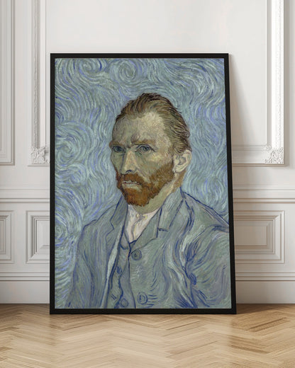 A framed post-impressionist self-portrait by Vincent van Gogh. He is depicted with a stern gaze, reddish hair and beard, and wearing a blue suit against a swirling light blue and white background, all rendered with thick, expressive brushstrokes. Print
