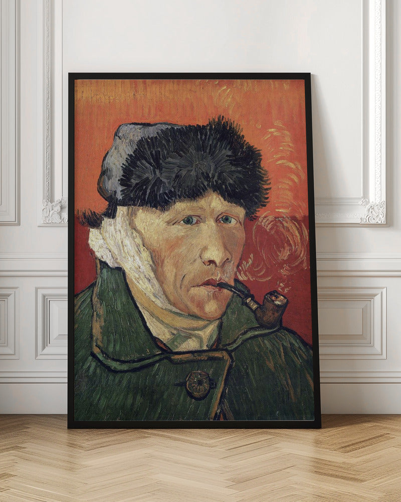 Vincent van Gogh's 'Self-Portrait with Bandaged Ear and Pipe', showing the artist in a green coat and dark hat, with a bandage on his ear, smoking a pipe against a bright red-orange background. Wall Art