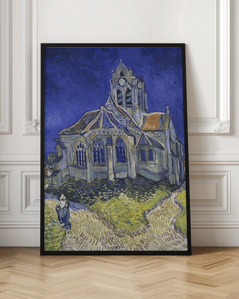 A post-impressionist painting by Vincent van Gogh, 'The Church at Auvers.' The artwork features a large, slightly distorted church under a turbulent, deep blue sky. A lone figure of a woman walks on a path in the foreground, which is rendered in strokes of green, yellow, and earth tones, typical of Van Gogh's expressive style. Artwork