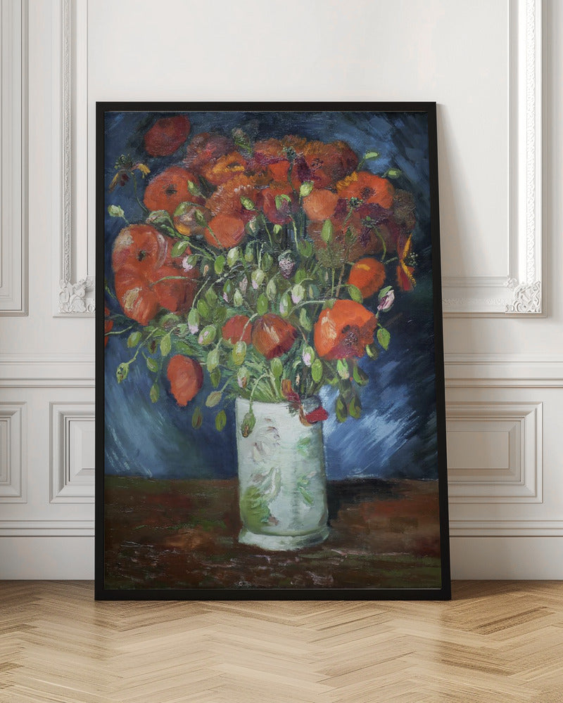 An impressionist-style oil painting of a vibrant bouquet of red and orange poppies in a white patterned vase, set against a dark blue and brown background, enclosed in a simple black frame. Artwork