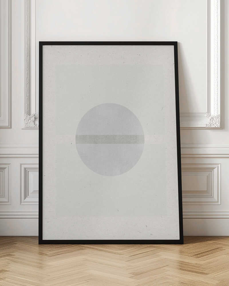 Minimalist geometric art featuring a grey circle crossed by a darker grey stripe on a textured off-white paper.