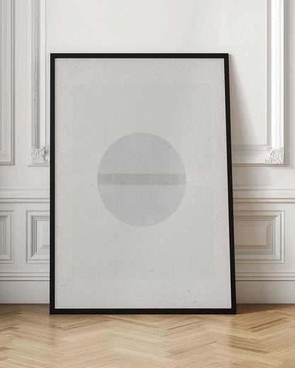Minimalist geometric art featuring a grey circle crossed by a darker grey stripe on a textured off-white paper.