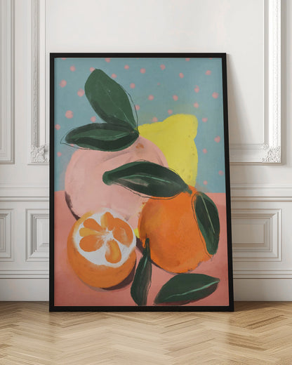 A colorful, painterly still life of various citrus fruits, including a vibrant orange, a halved orange, a pink grapefruit, and a yellow lemon, all with dark green leaves. The background features a peachy-pink surface and a light blue wall with pink polka dots. Artwork