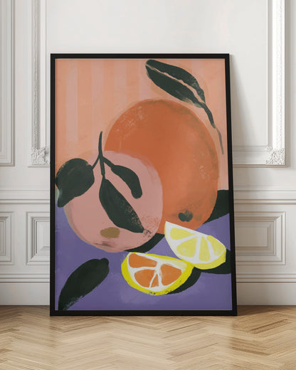 A modern still life painting of citrus fruits. The composition includes a large orange, a smaller pink grapefruit, and two sliced wedges of lemon and orange. The fruits rest on a purple surface against a vertically striped peach and pink background, rendered in a bold, painterly style. Decor