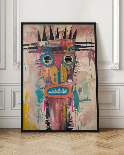 A vibrant, neo-expressionist abstract painting of a crowned figure's head. The face is composed of bold shapes and colors, including large turquoise-ringed eyes with black scribbles, a pink triangular nose, and an orange mouth with stitch-like teeth. A jagged black crown sits atop the head. The background is a mix of pink and beige washes, with energetic brushstrokes and drips throughout, creating a raw, graffiti-like aesthetic. Poster