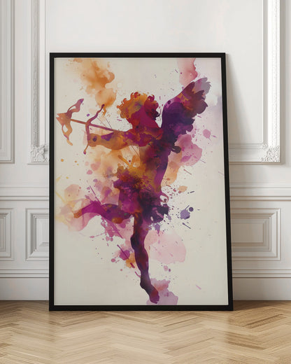 A vibrant watercolor painting of Cupid shown in silhouette. The figure of the winged god of love is filled with a blend of purple, pink, and orange hues, with splatters of paint creating a dynamic effect. He is aiming a bow and arrow, set against a plain off-white background and framed in black. Poster