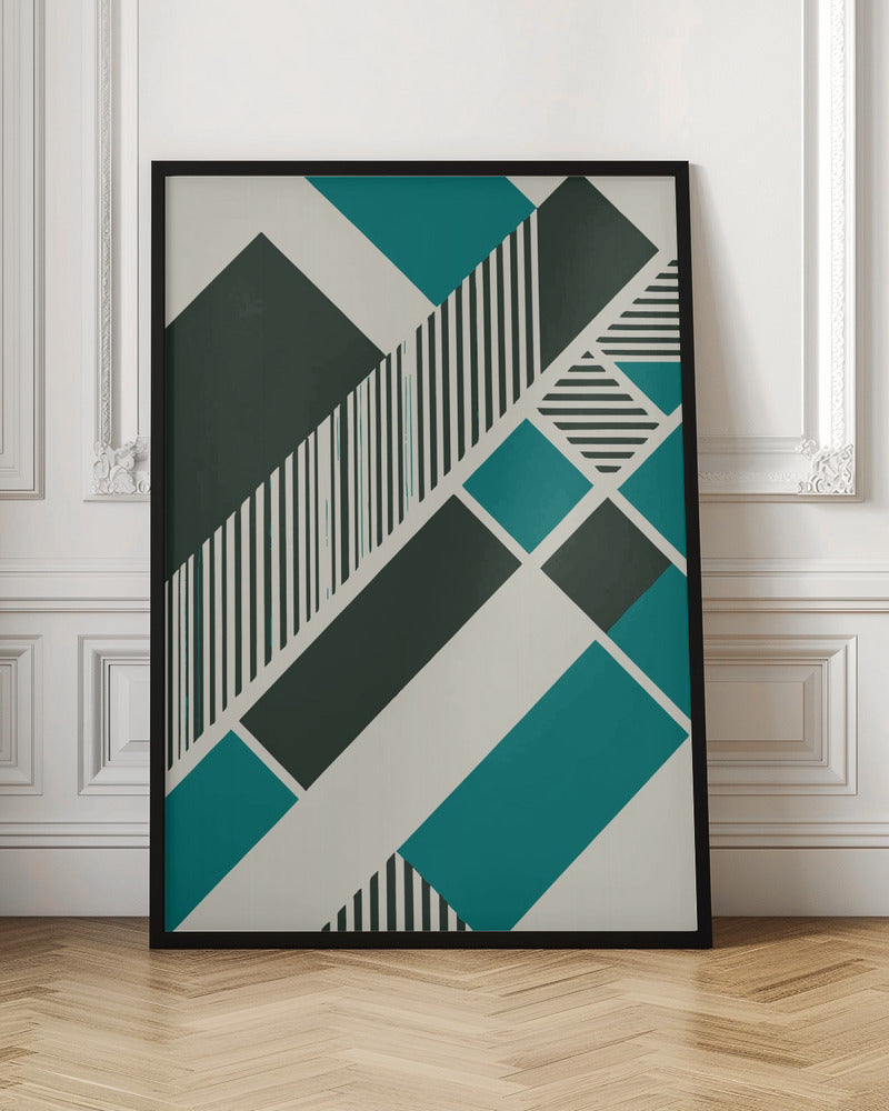An abstract geometric artwork with a diagonal composition of shapes in dark green, teal, and off-white. Some shapes are filled with vertical and horizontal black and white stripes, creating a dynamic and modern visual. The entire piece is framed in black. Print