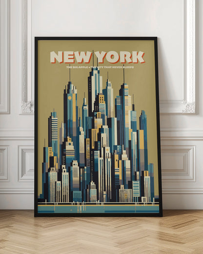 A vintage-style travel poster depicting the New York City skyline. The illustration uses a geometric, minimalist style with a color palette of blues, yellows, and off-white against a muted green sky. The words 'NEW YORK' are featured prominently at the top, with 'THE BIG APPLE • THE CITY THAT NEVER SLEEPS' underneath. Decor