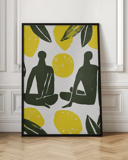 A modern, graphic illustration in a block print style, depicting two dark green human silhouettes seated amongst large yellow lemons and leaves on a white background, presented in a black frame. Decor