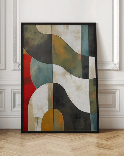 Abstract Fields No 1 art print, featuring a stylized landscape with fluid shapes and a blend of blue, green, yellow, and brown tones, reminiscent of fields. Decor
