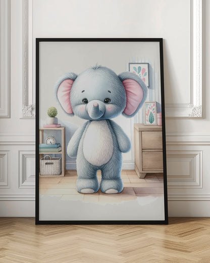 A watercolor illustration of a cute, fluffy, light blue stuffed elephant with large pink ears and a white tummy, standing in a brightly lit child's room. Artwork