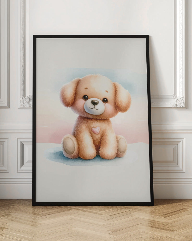 A watercolor illustration of an adorable, fluffy light brown puppy sitting down. The puppy has large, dark eyes, rosy cheeks, a gentle smile, and a small pink heart on its chest. The background is a soft wash of pastel blue and pink. The entire image is presented within a thin black frame. Decor