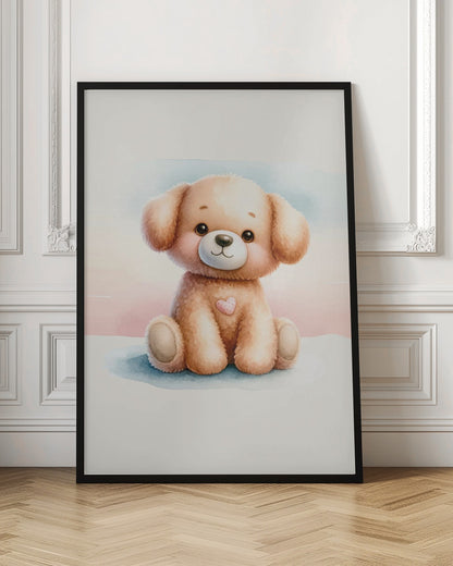 A watercolor illustration of an adorable, fluffy light brown puppy sitting down. The puppy has large, dark eyes, rosy cheeks, a gentle smile, and a small pink heart on its chest. The background is a soft wash of pastel blue and pink. The entire image is presented within a thin black frame. Decor