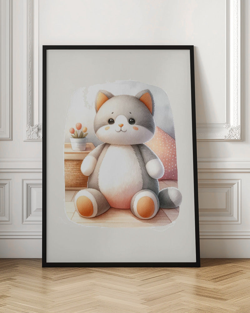 A framed watercolor illustration of a chubby, gray and white stuffed cat sitting on the floor. The cat has cute orange cheeks, ears, and paws. In the background is a small plant and a pink polka dot pillow. Poster