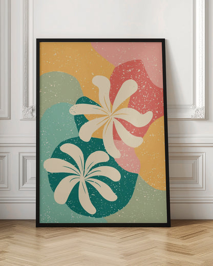 An abstract art print featuring two large, stylized, cream-colored flowers. The background is composed of layered, organic shapes in mustard yellow, teal, coral, and light green, all covered with a white speckled texture, reminiscent of terrazzo. The entire piece is enclosed in a thin black frame. Decor
