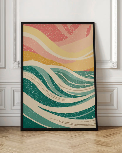 An abstract art print depicting stylized ocean waves in various shades of green and off-white. Above the waves, the sky is rendered in flowing bands of yellow, peach, and pink. The entire image has a speckled, retro texture and is enclosed in a thin black frame. Decor