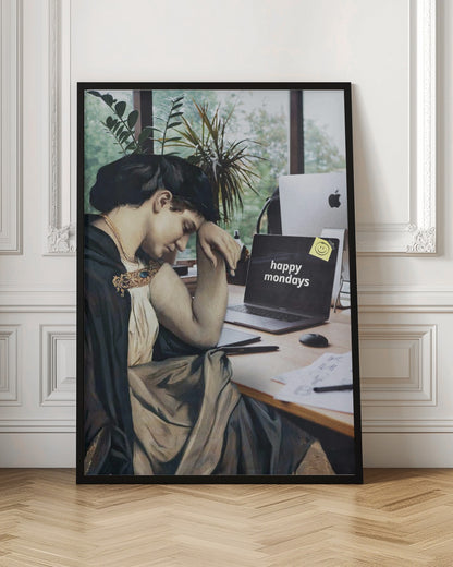 A humorous digital collage where a woman from a classical painting, looking weary and dressed in historical attire, sits at a modern office desk with a laptop that ironically reads 'happy mondays' on the screen. Artwork