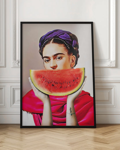 A vibrant, stylized portrait of Frida Kahlo holding a large slice of watermelon up to her mouth. She wears a purple headwrap in her dark braided hair and a bright red shawl, gazing intensely at the viewer over the fruit. Decor