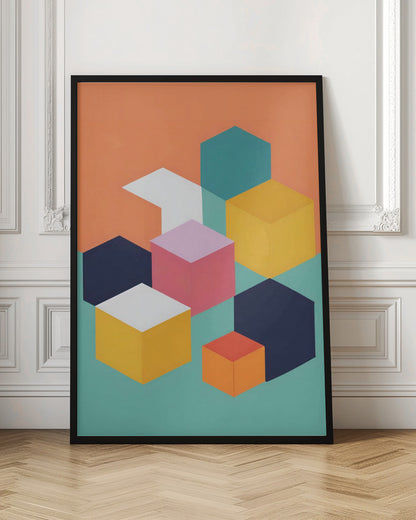 A modern abstract art print featuring a collection of colorful isometric cubes and hexagons against a two-toned background of orange and teal. The geometric shapes are in shades of navy, yellow, pink, white, and orange, arranged to create a 3D illusion. Decor