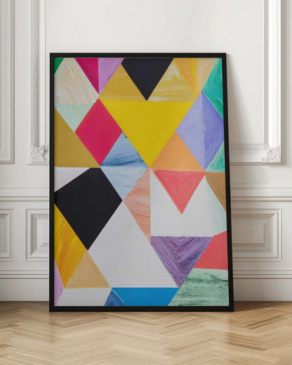 A colorful abstract painting with a geometric pattern of triangles in various hues like yellow, pink, purple, blue, green, orange, black, and white. The paint is applied thickly, showing visible brushstrokes and texture. The piece is set in a simple black frame. Poster