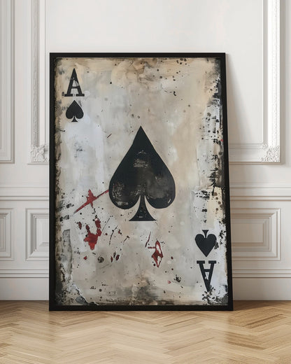 A framed piece of abstract art depicting the Ace of Spades. The painting has a distressed, grunge aesthetic with a smudged white and beige background, splattered with black ink and red paint resembling blood stains. Decor