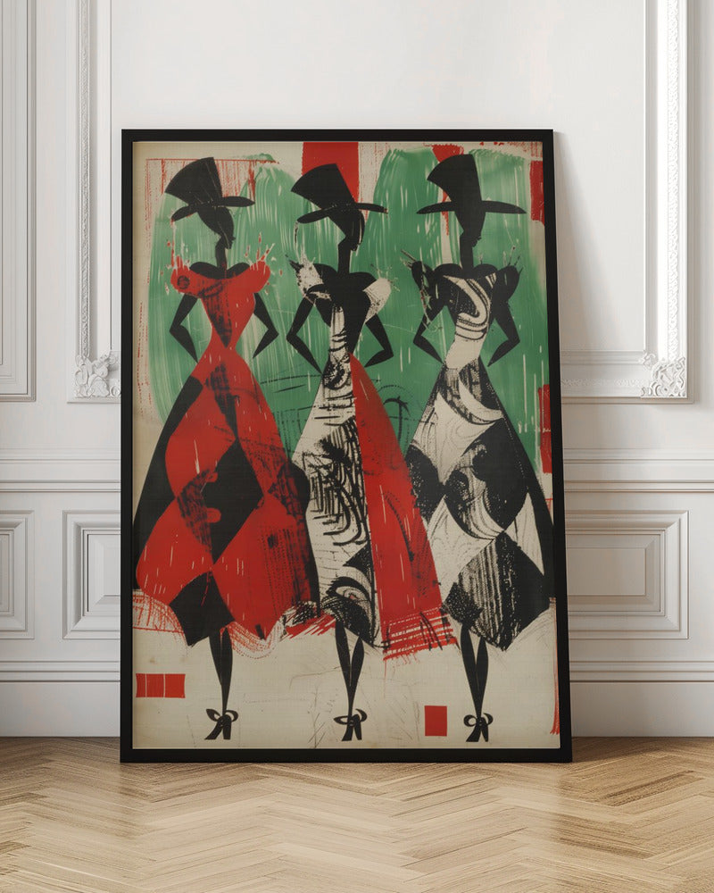 A vintage-style abstract illustration of three stylized female figures in a row. The figures are black silhouettes with large hats and full, patterned skirts. The woman on the left wears a red and black harlequin-patterned dress, while the other two wear black and white abstract-patterned dresses. The background is a textured green and off-white. Decor