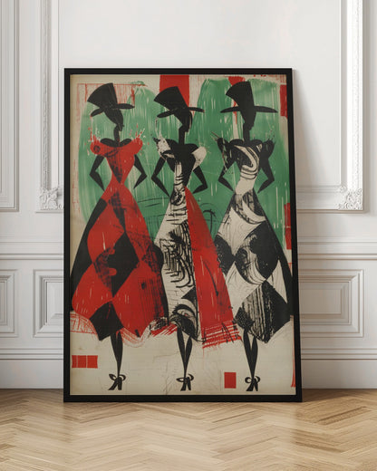 A vintage-style abstract illustration of three stylized female figures in a row. The figures are black silhouettes with large hats and full, patterned skirts. The woman on the left wears a red and black harlequin-patterned dress, while the other two wear black and white abstract-patterned dresses. The background is a textured green and off-white. Decor
