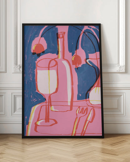 An abstract still life painting featuring a vibrant pink table setting against a deep blue background. The composition includes the overlapping red and yellow outlines of a wine glass, a bottle, and cutlery. Abstract red shapes resembling cherries or lamps hang in the background, adding to the modern and expressive feel. Poster