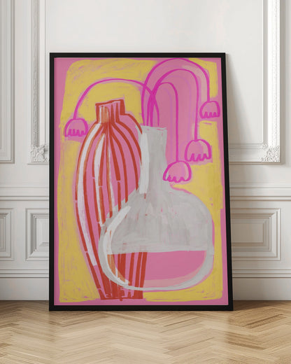 A vibrant abstract still life painting featuring two vases against a pink and yellow background. A tall, slender vase has vertical red and white stripes, while next to it sits a clear, round-bottomed flask filled with pink liquid. Stylized, drooping pink bell-shaped flowers on long stems are arranged behind the vases. Print