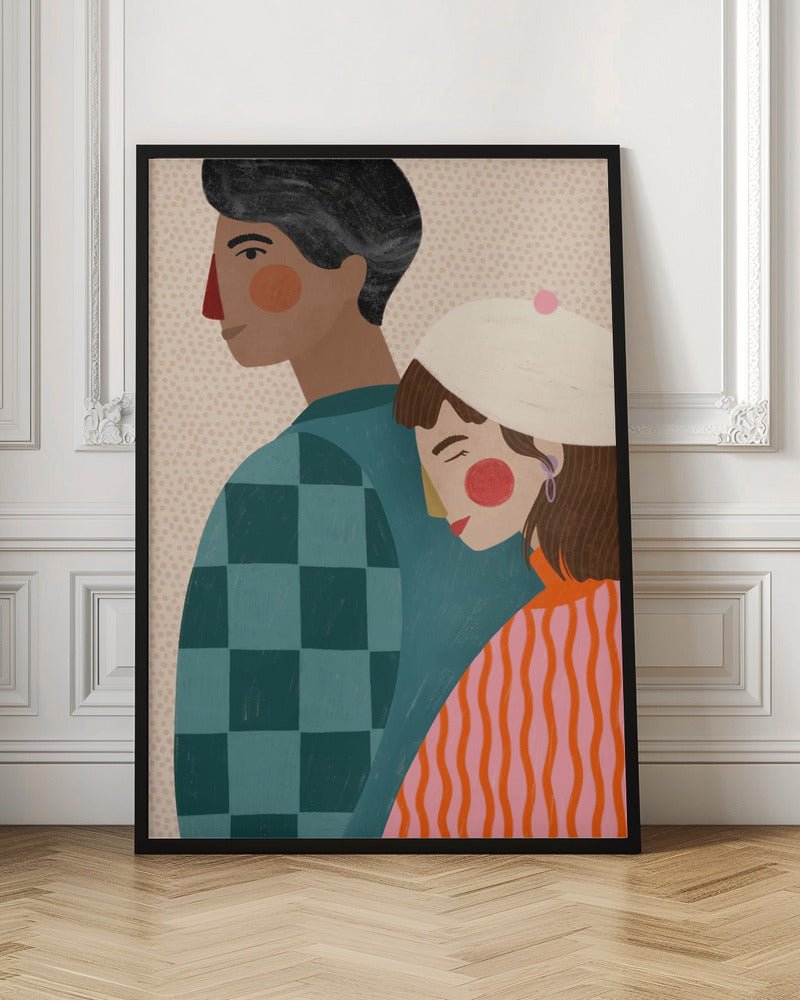 A stylized illustration of a couple against a light dotted background. A woman with a white beret rests her head peacefully on the back of a man. The man is shown in profile, wearing a teal checkered shirt, while the woman wears a vibrant orange and pink striped sweater. Wall Art