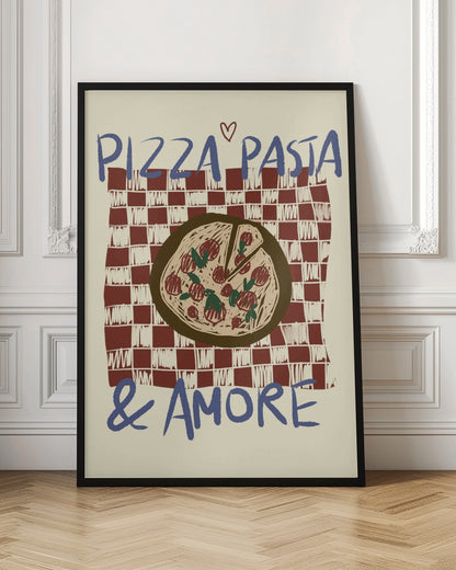 A hand-drawn style art print featuring a pizza on a red and white checkered tablecloth. Blue text above reads 'PIZZA PASTA' with a small heart, and below reads '& AMORE', creating a charming, vintage-inspired tribute to Italian food. Poster